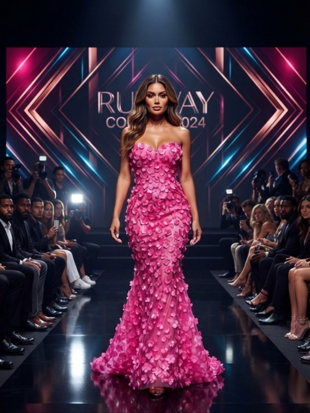 Hot Pink Contrast Mesh, Fitted, , Mermaid Maxi Form…